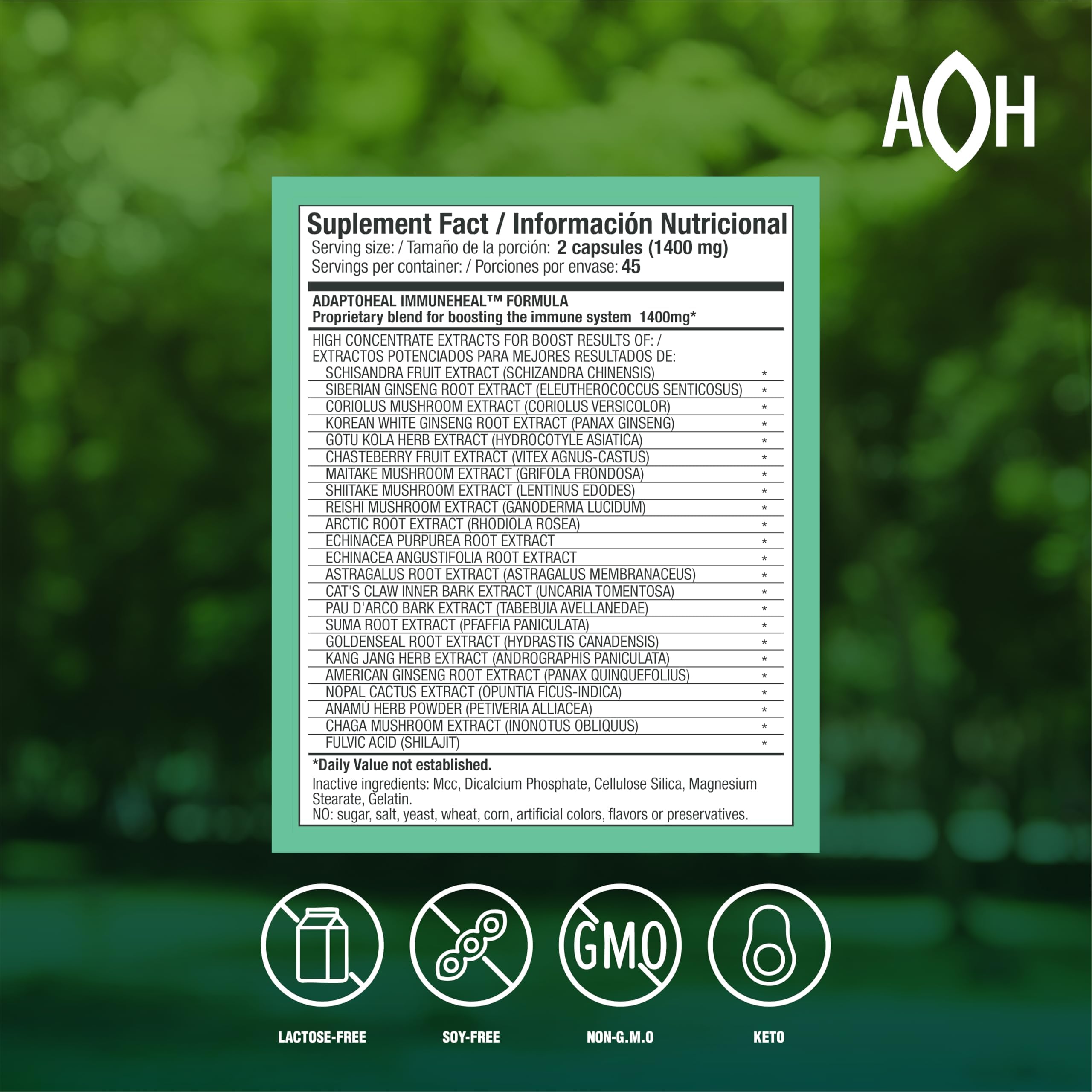 ADAPTOHEAL Immuneheal capsules close-up highlighting adaptogens for balanced energy