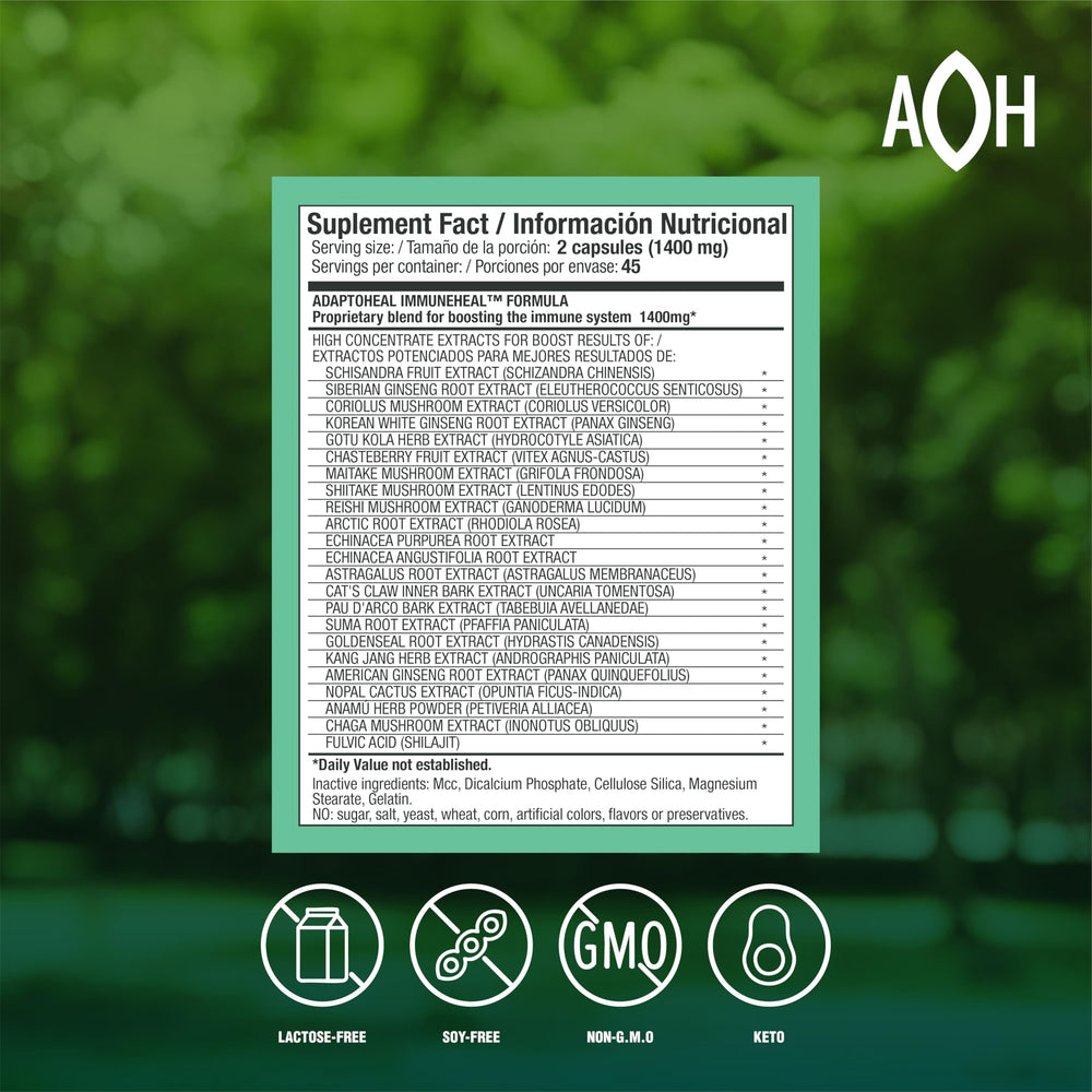 ADAPTOHEAL Immuneheal capsules close-up highlighting adaptogens for balanced energy