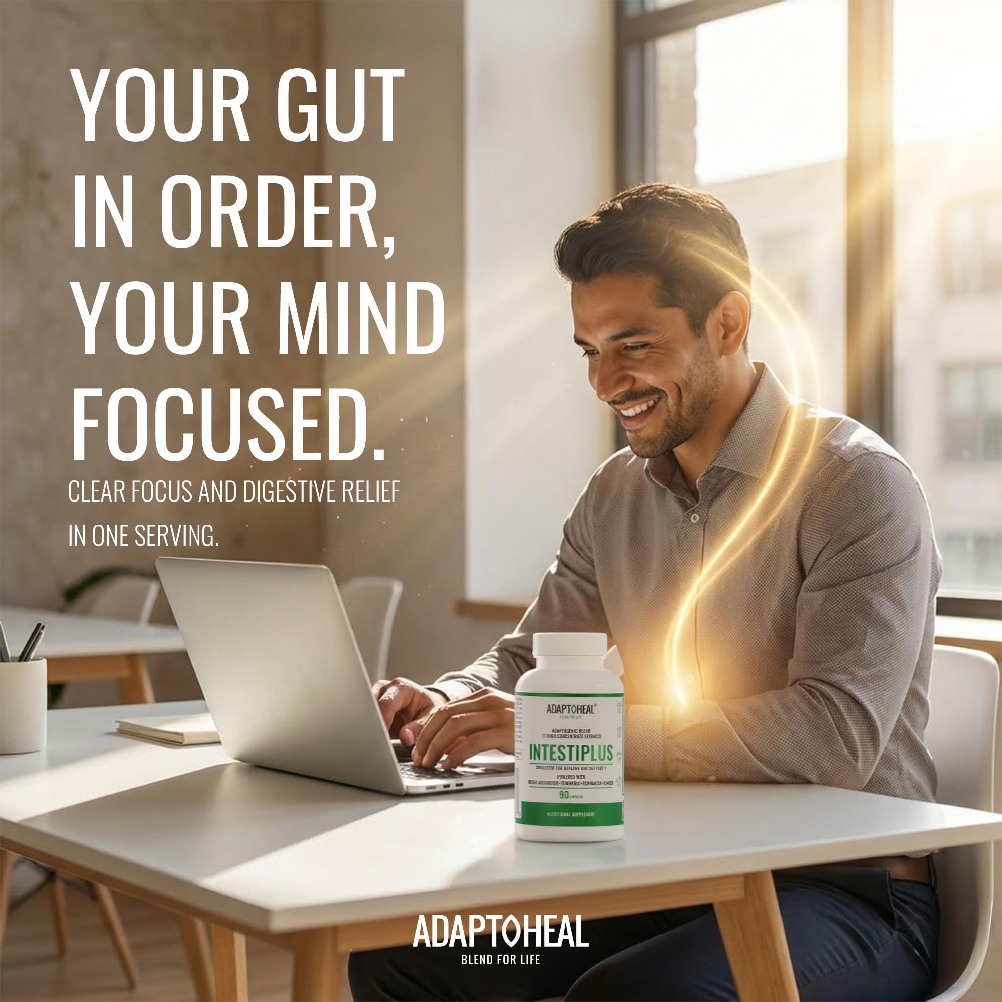 ADAPTOHEAL Intestiplus capsules closeup highlighting herbal blend