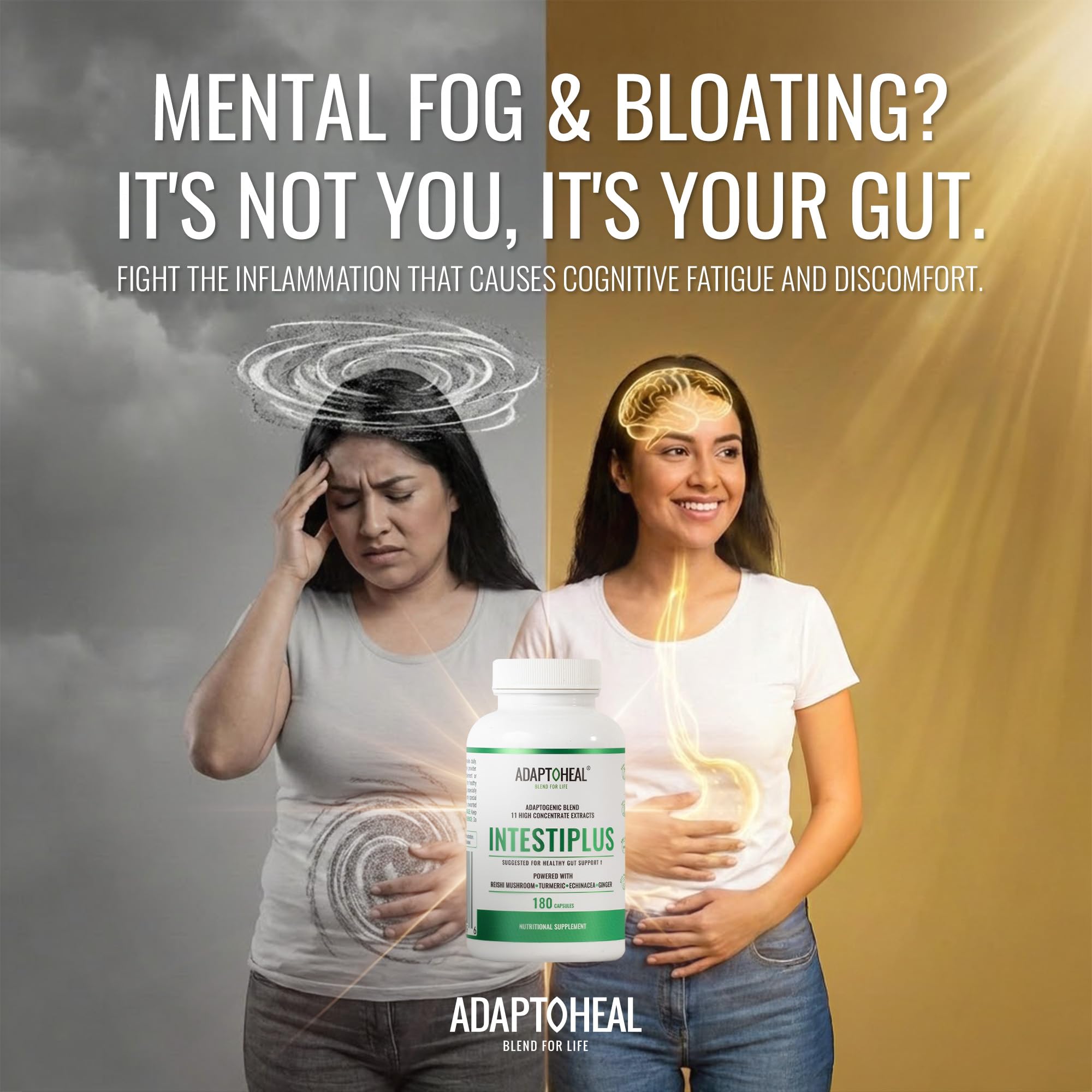 ADAPTOHEAL Intestiplus label close-up highlighting ingredients.