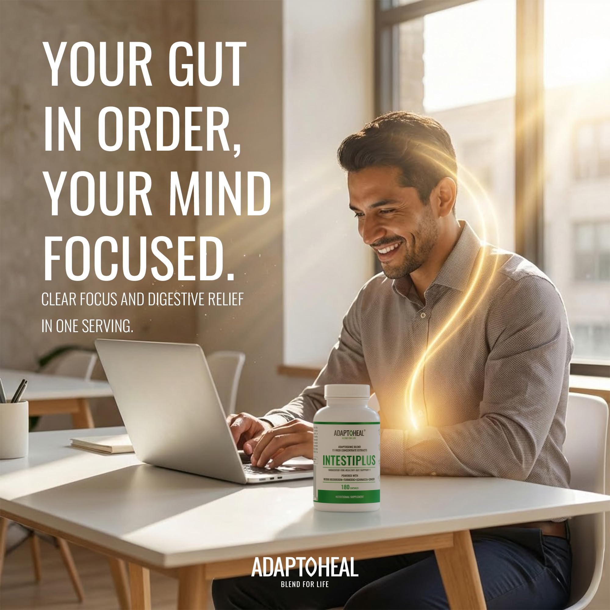 ADAPTOHEAL Intestiplus capsules ready for daily two-cap dose.