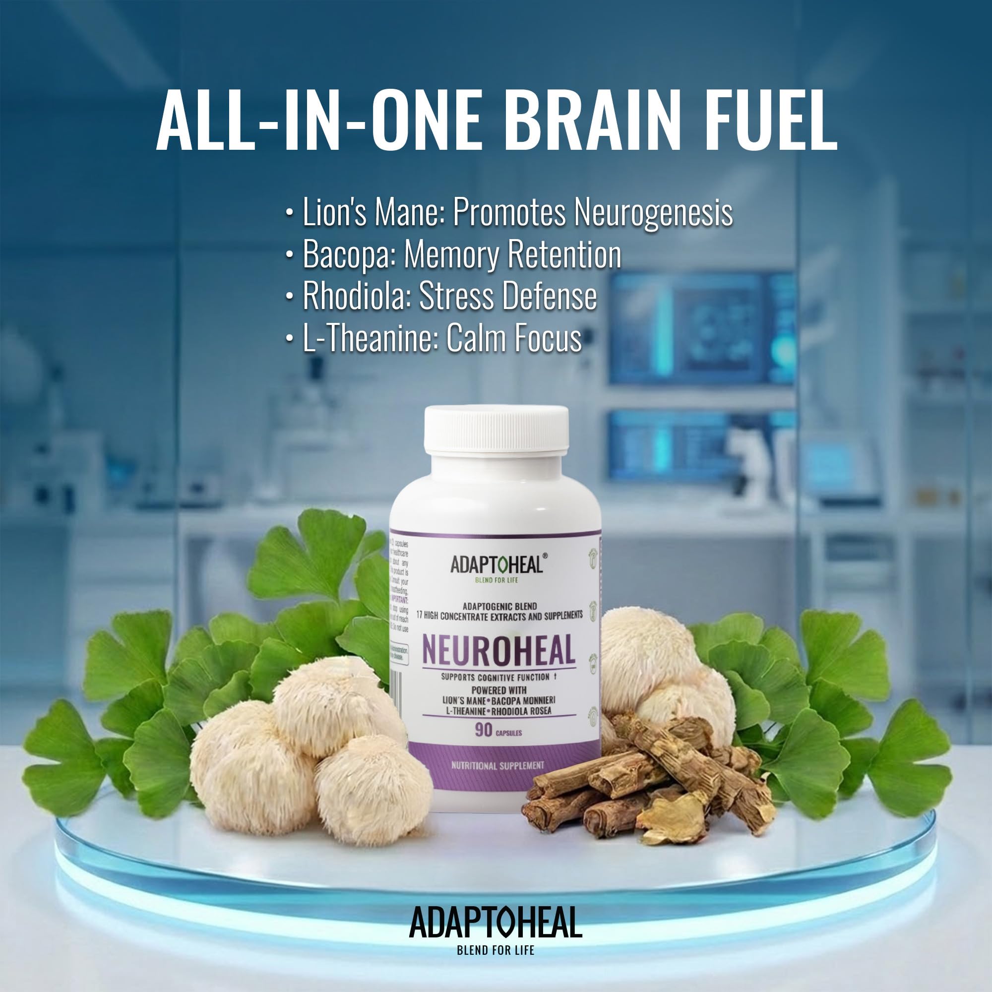 ADAPTOHEAL NeuroHeal label closeup highlighting ingredients and purity.
