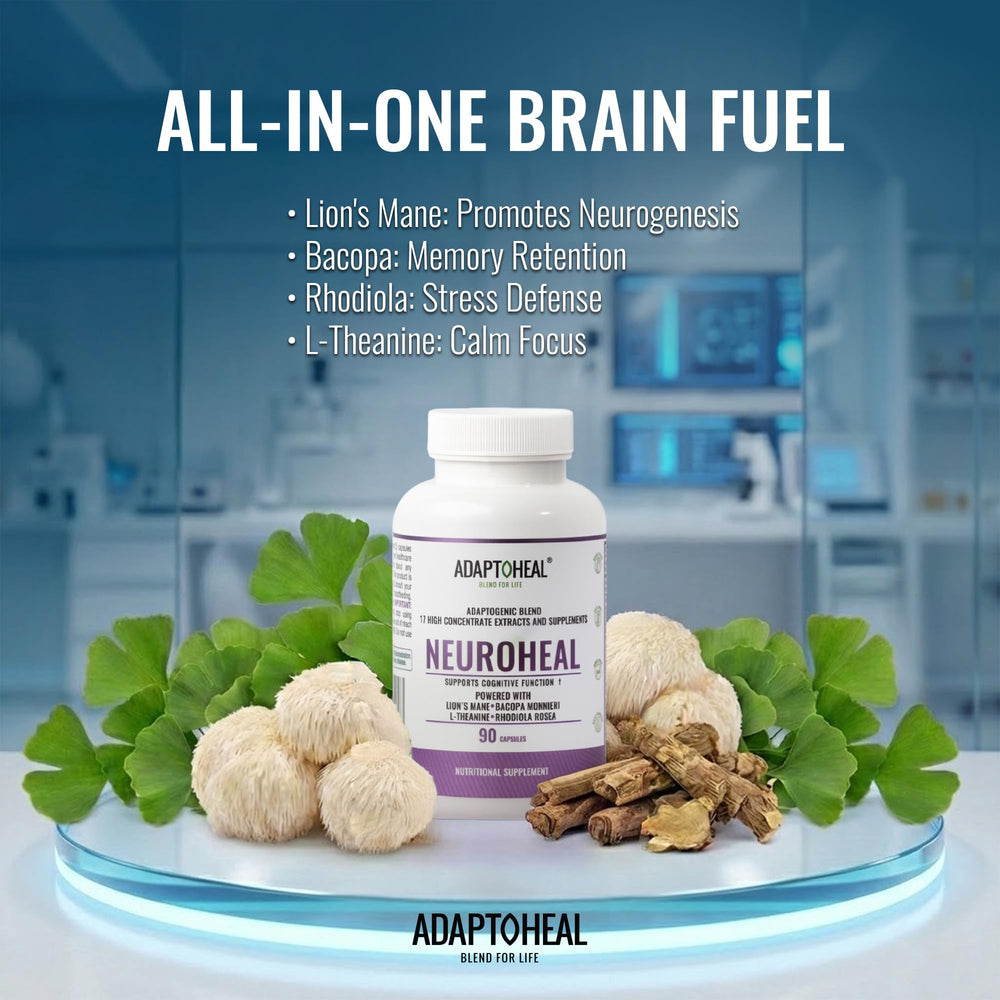 ADAPTOHEAL NeuroHeal label closeup highlighting ingredients and purity.