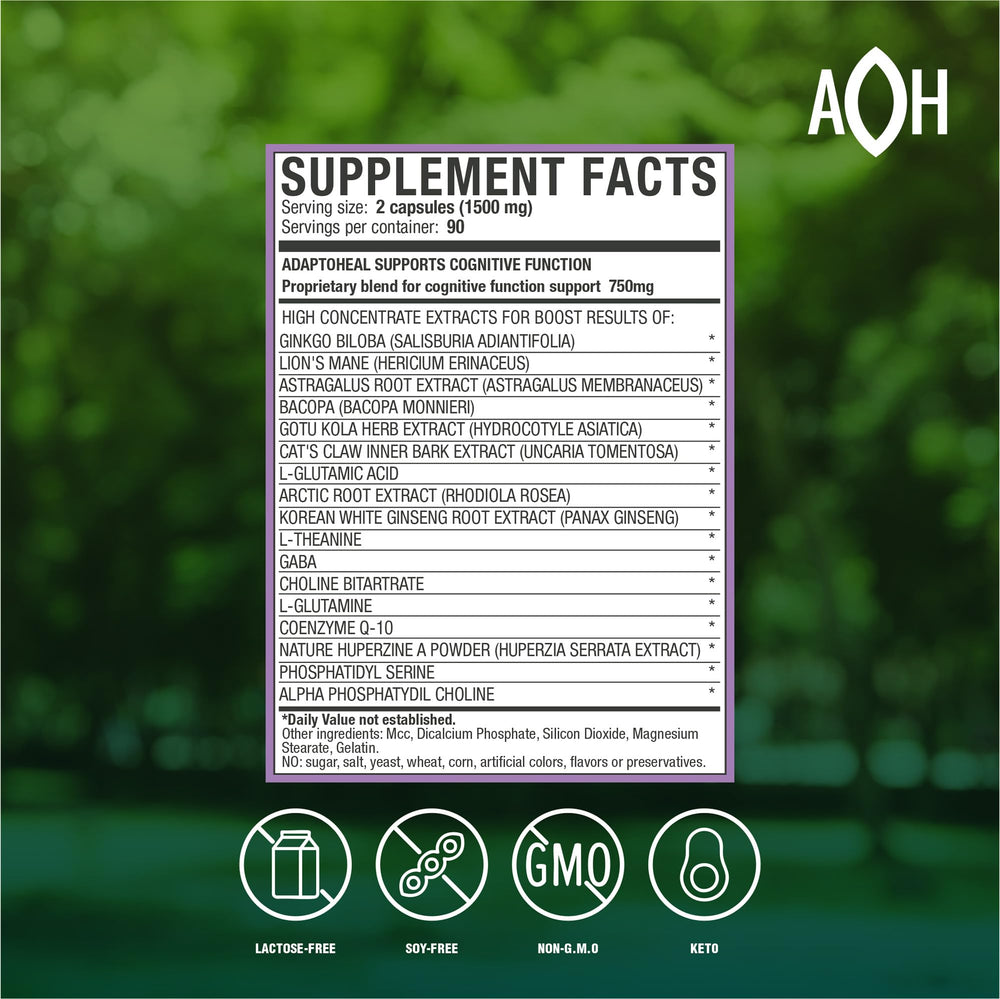 ADAPTOHEAL NeuroHeal bottle front emphasizing capsules for memory and clarity.
