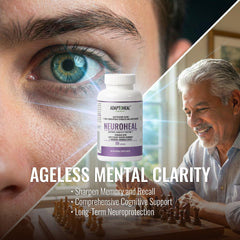 ADAPTOHEAL NeuroHeal capsules on desk scene for focused work sessions.