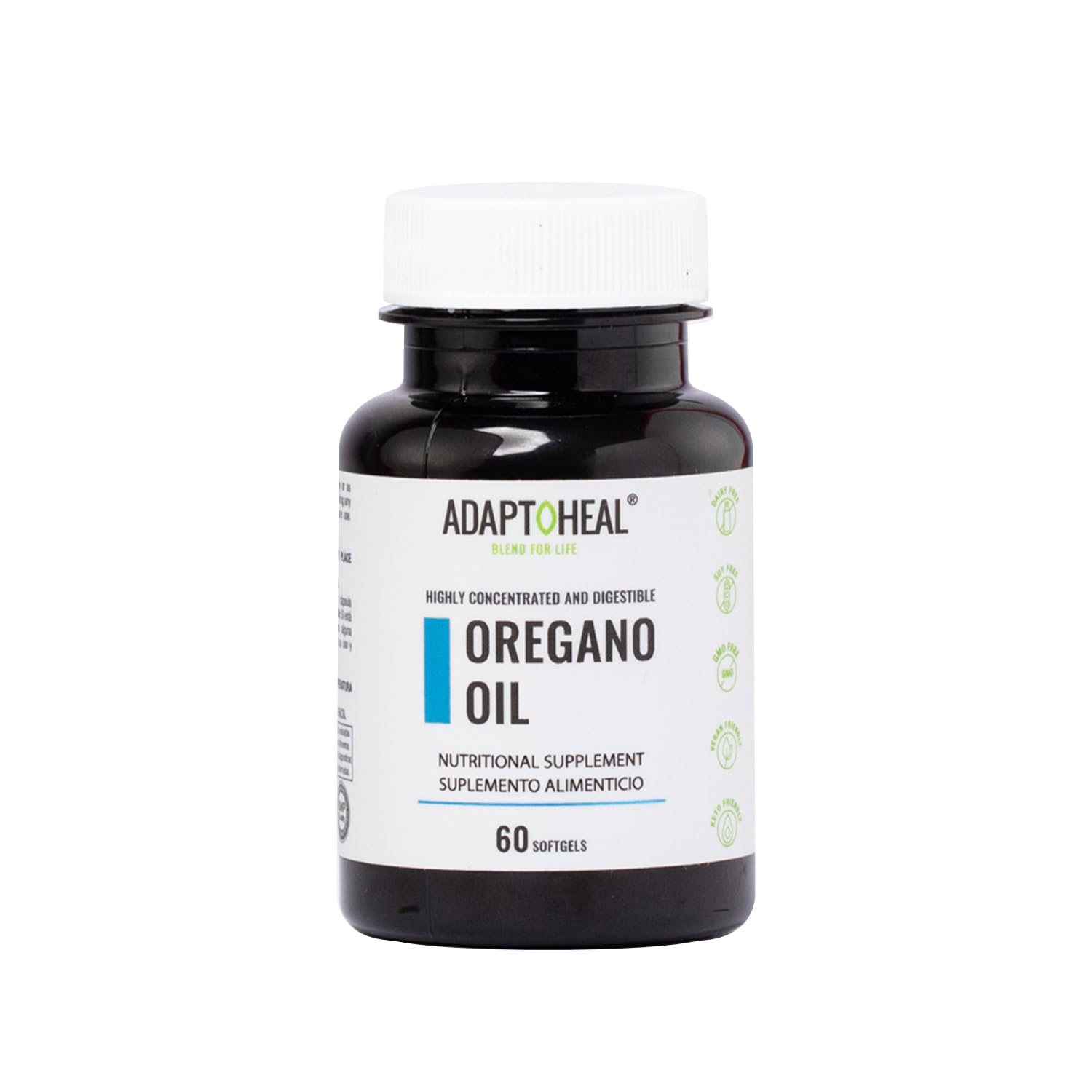 Adaptoheal Oil of Oregano softgel bottle promotes balanced digestion