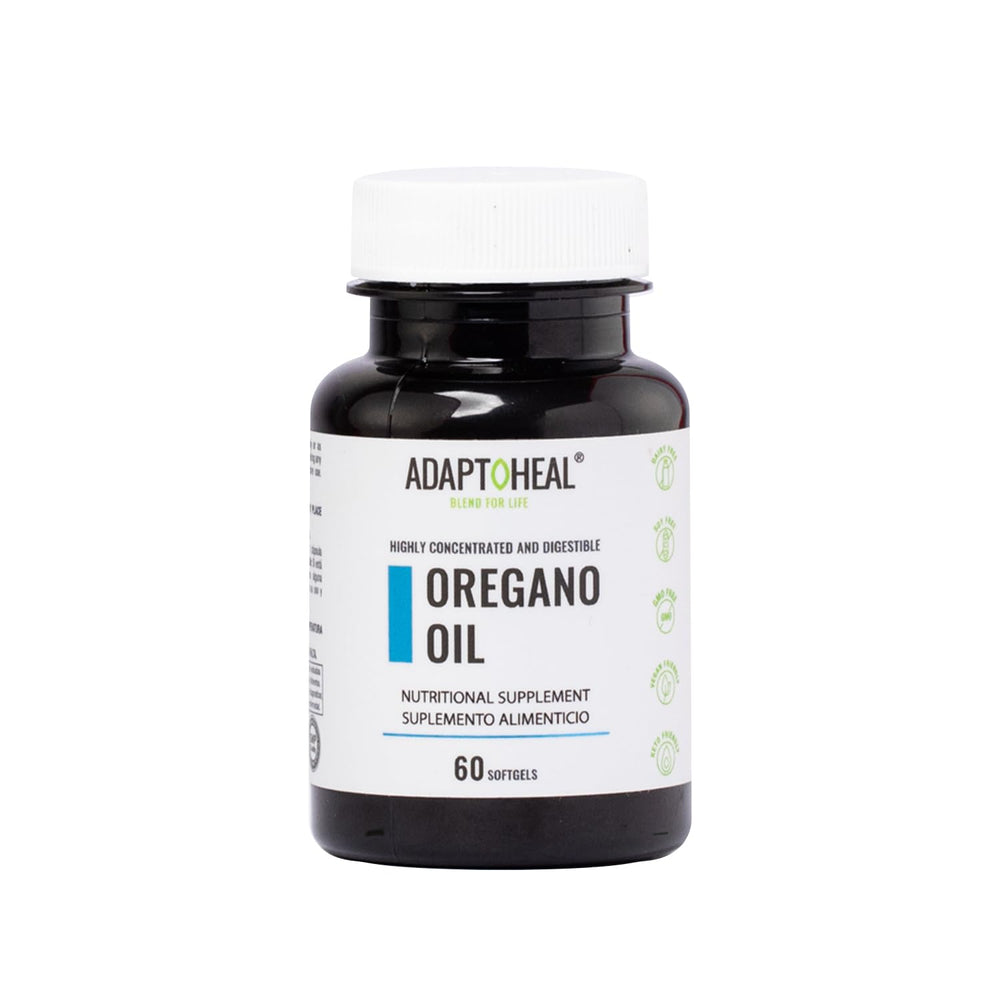Adaptoheal Oil of Oregano softgel bottle promotes balanced digestion