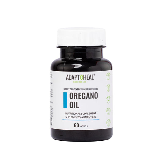 Adaptoheal Oil of Oregano softgel bottle promotes balanced digestion