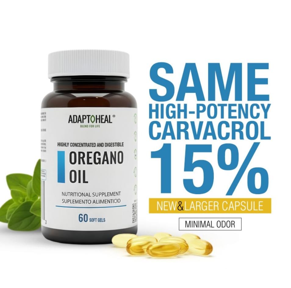 Adaptoheal oregano oil softgel capsule close-up highlights capsule