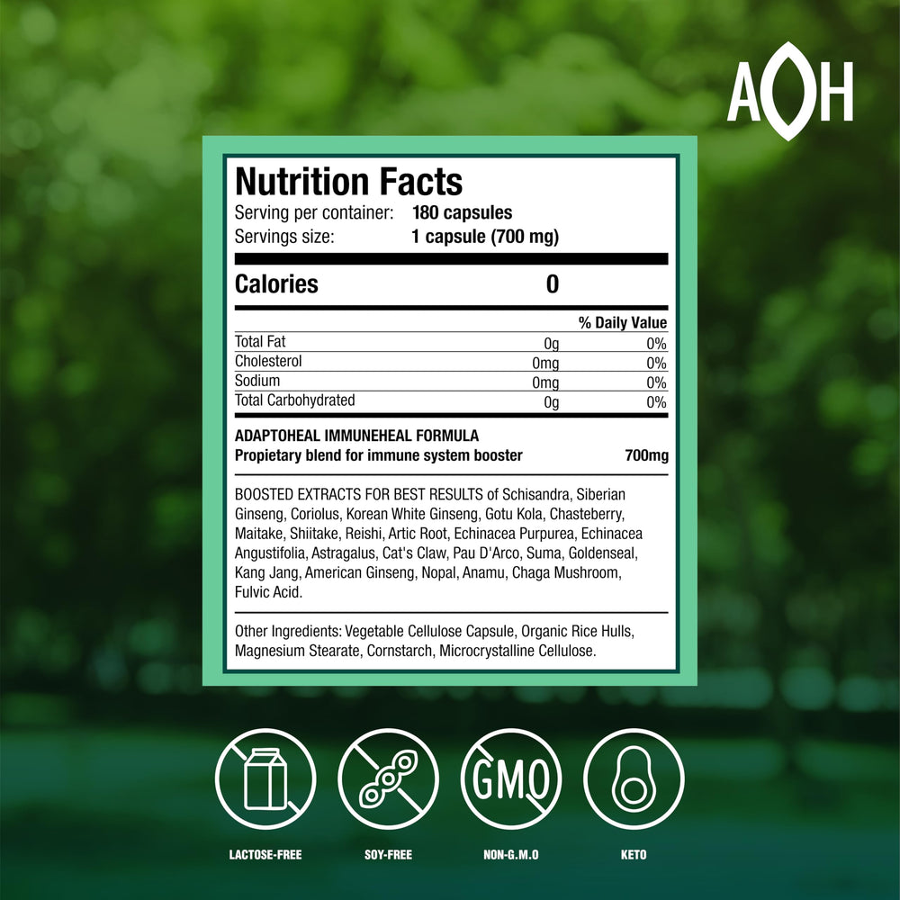 ADAPTOHEAL Immuneheal bottle side view showing label and dosage