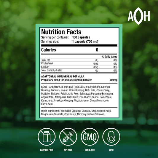 ADAPTOHEAL Immuneheal bottle side view showing label and dosage