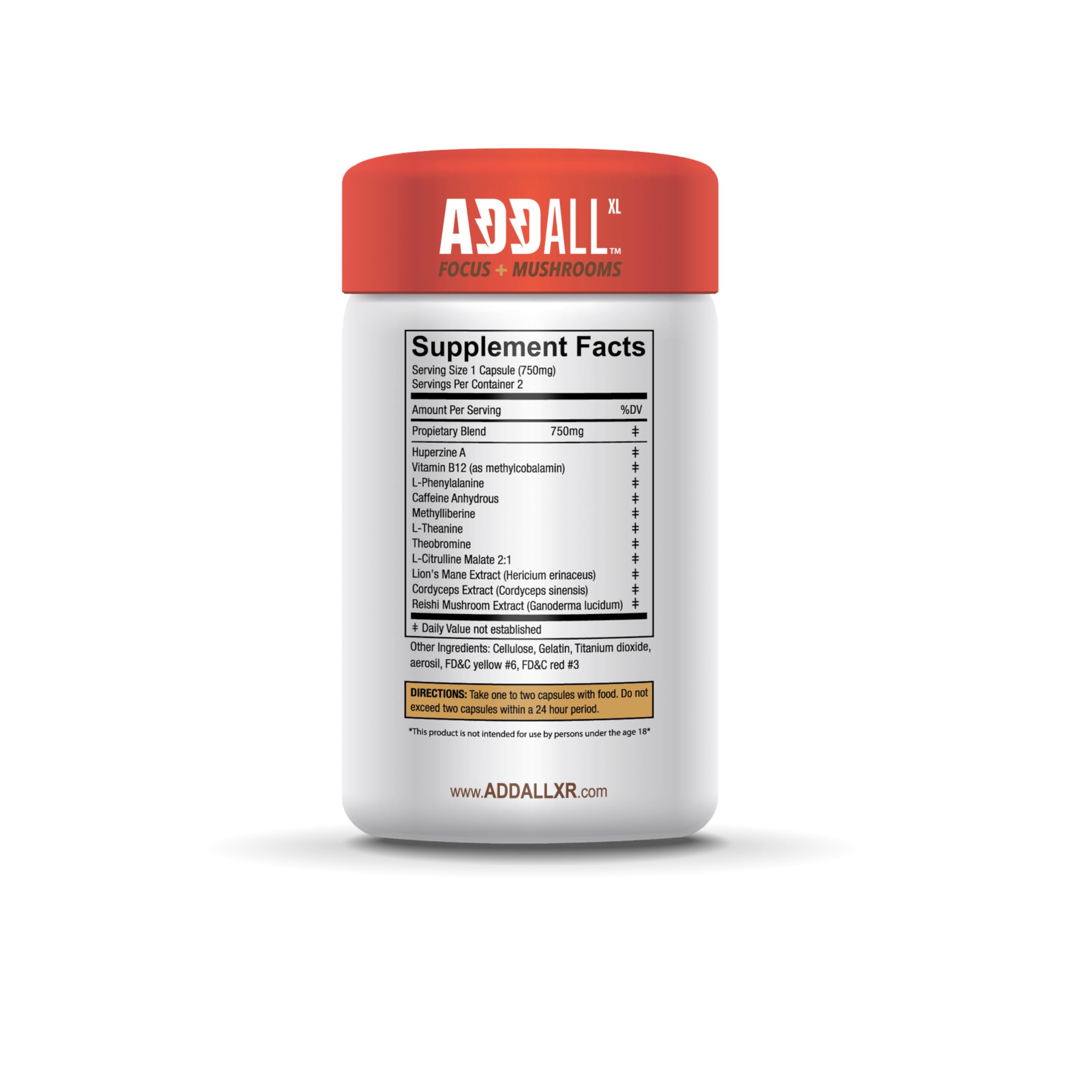 Addall Focus bottle label highlighting memory and energy support for study and work