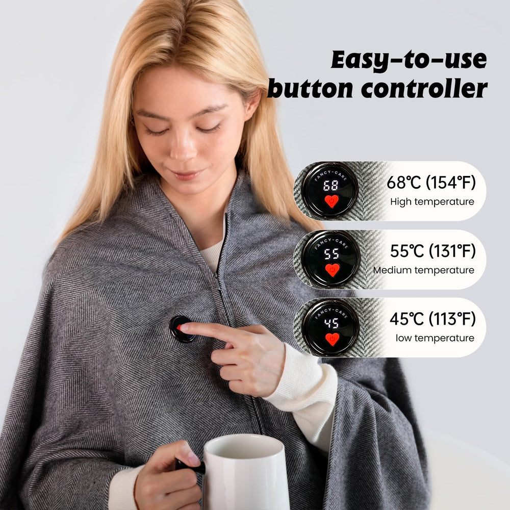 ADD.HERES heating pad shawl control panel shows easy multi-level heat settings