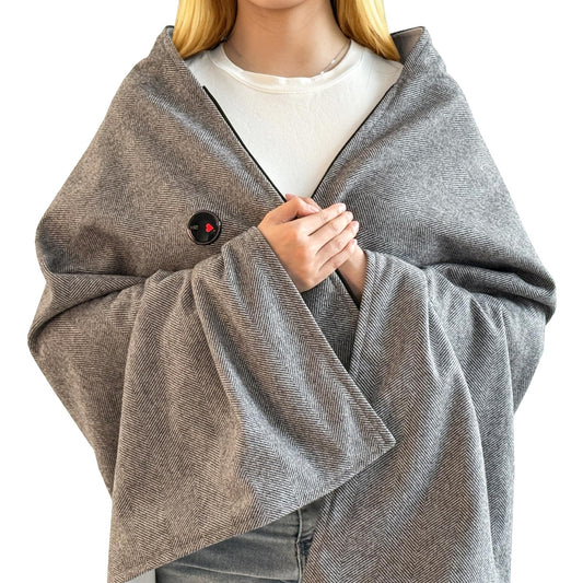 ADD.HERES heating pad shawl front view offering oversized warmth for cozy comfort