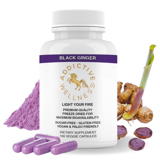 Addictive Wellness Black Ginger Capsules bottle closeup for daily energy support.