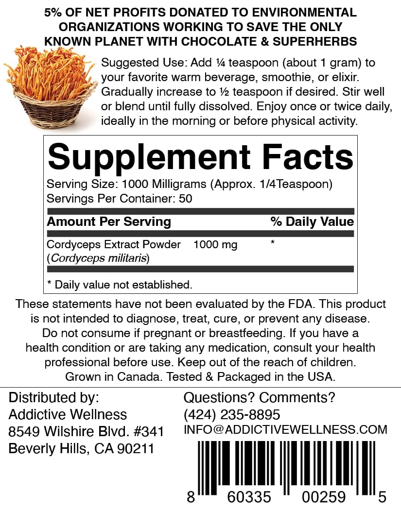 Addictive Wellness Cordyceps Militaris powder scoop highlighting premium powder for endurance.