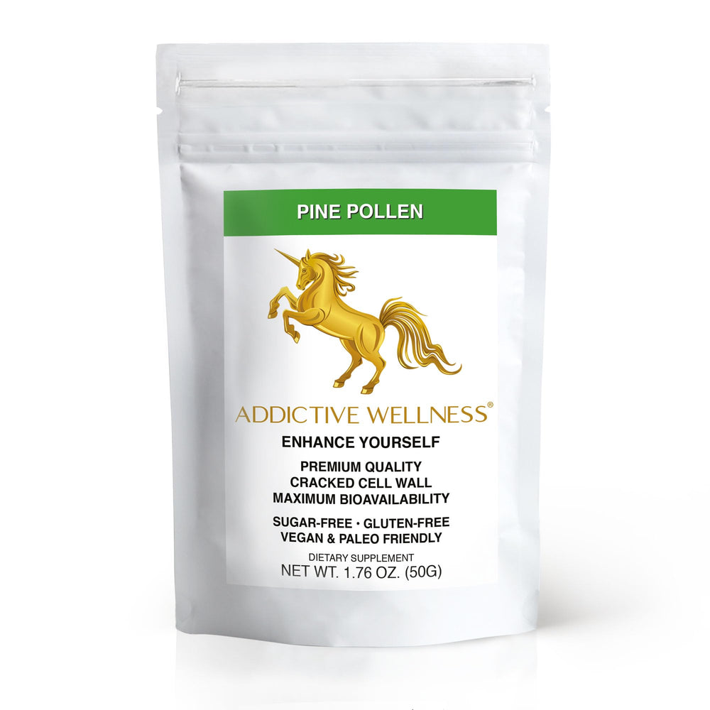 Addictive Wellness Pine Pollen Powder bottle ready for daily smoothies