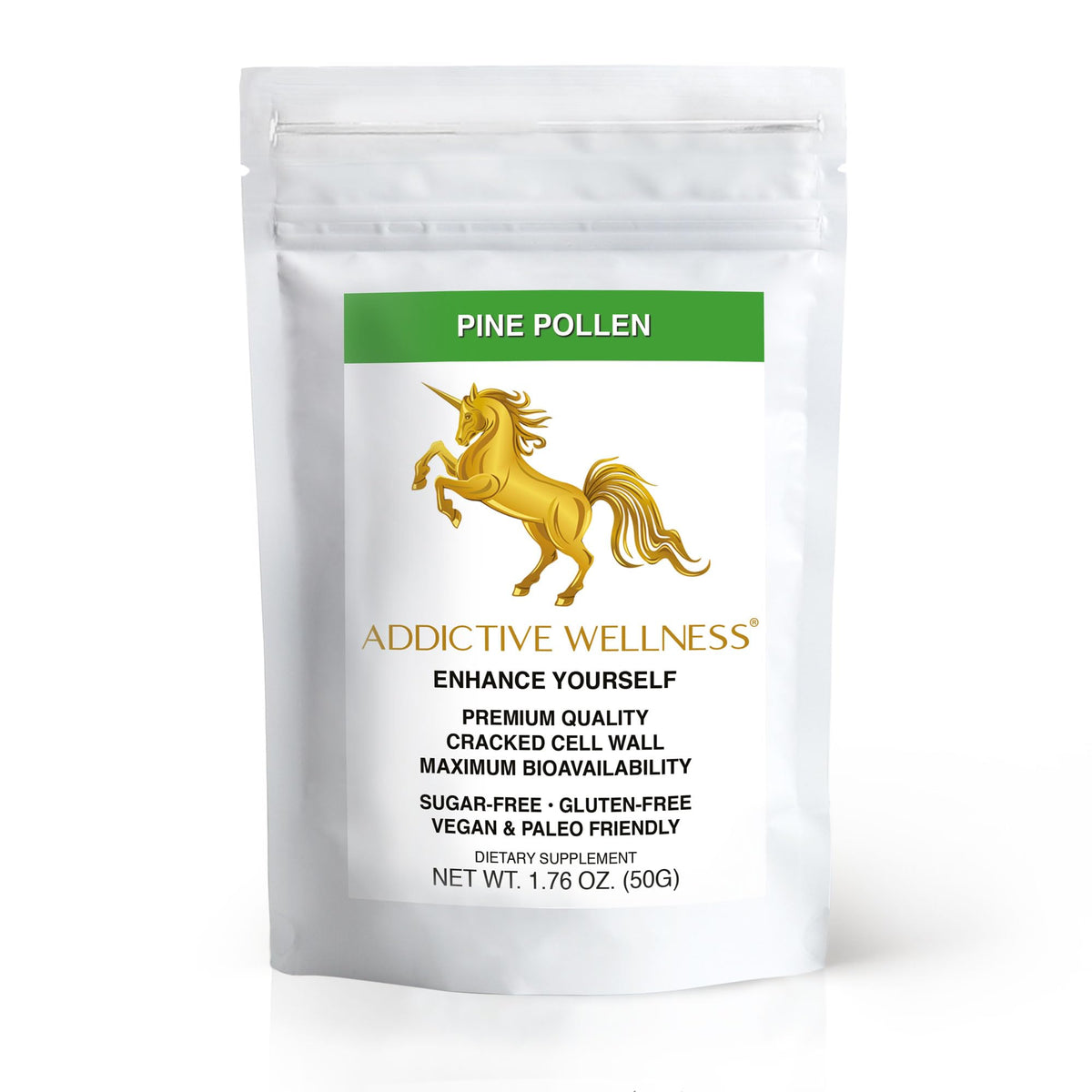 Addictive Wellness Pine Pollen Powder bottle ready for daily smoothies