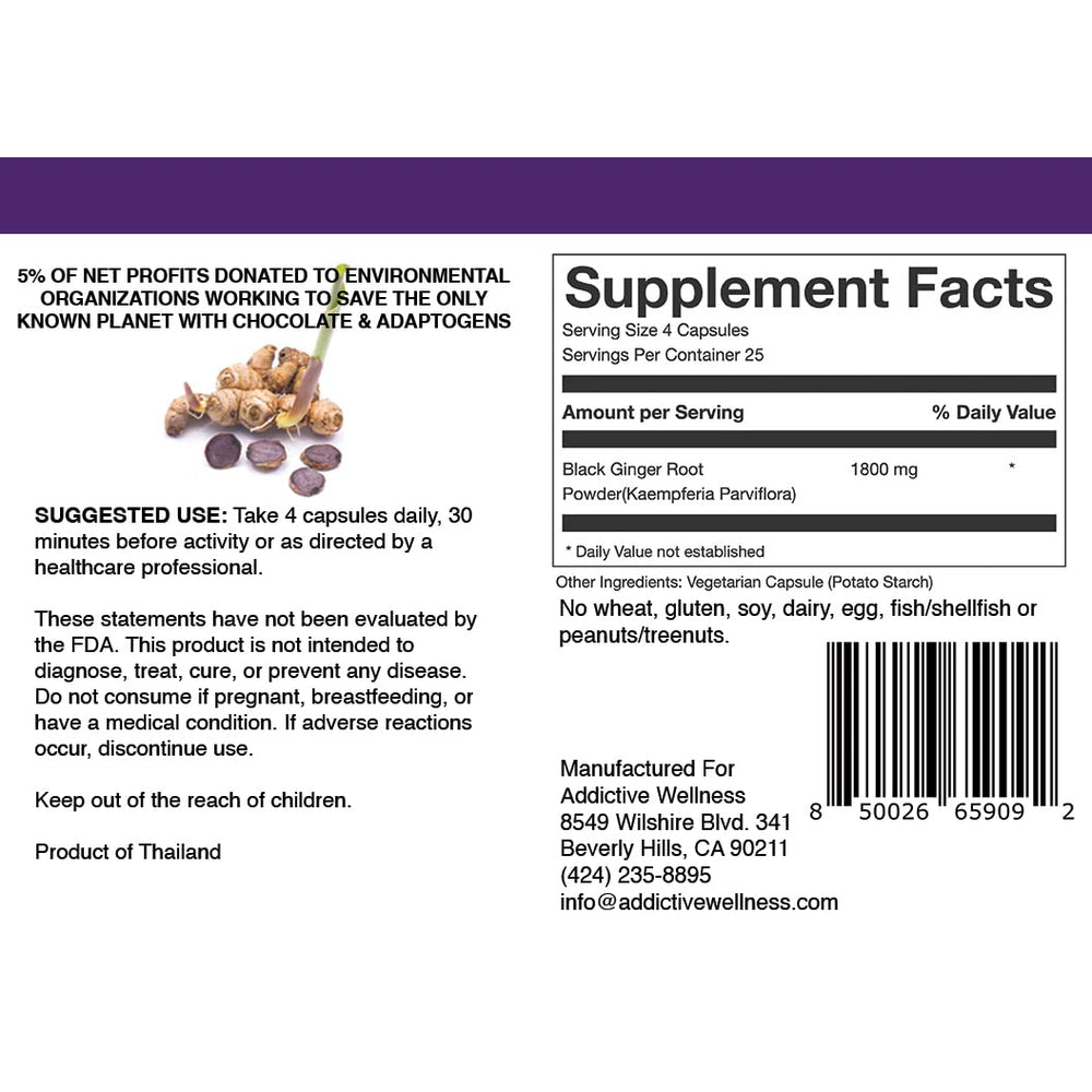 Addictive Wellness Kaempferia Parviflora capsules pack showing vegan-friendly supplement.