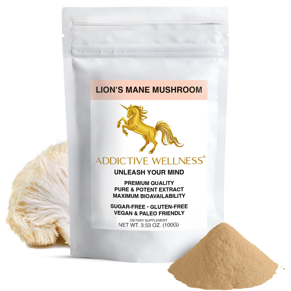 Addictive Wellness Lions Mane powder jar highlighting premium purity for daily nootropic use