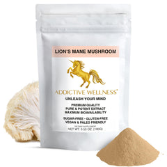 Addictive Wellness Lions Mane powder jar highlighting premium purity for daily nootropic use