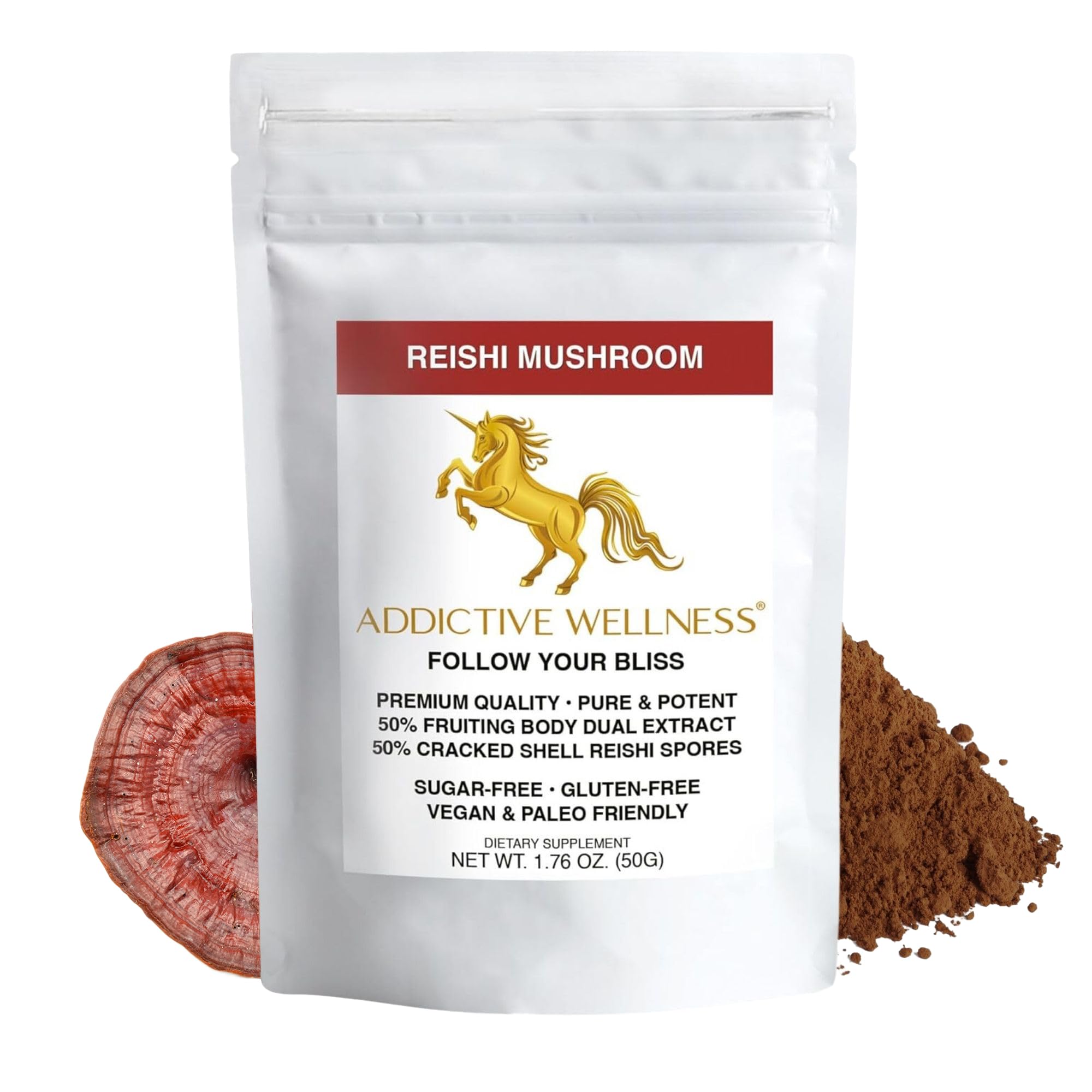 Addictive Wellness Reishi powder bottle; easy to blend into smoothies.