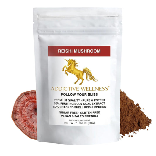 Addictive Wellness Reishi powder bottle; easy to blend into smoothies.