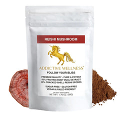 Addictive Wellness Reishi powder bottle; easy to blend into smoothies.