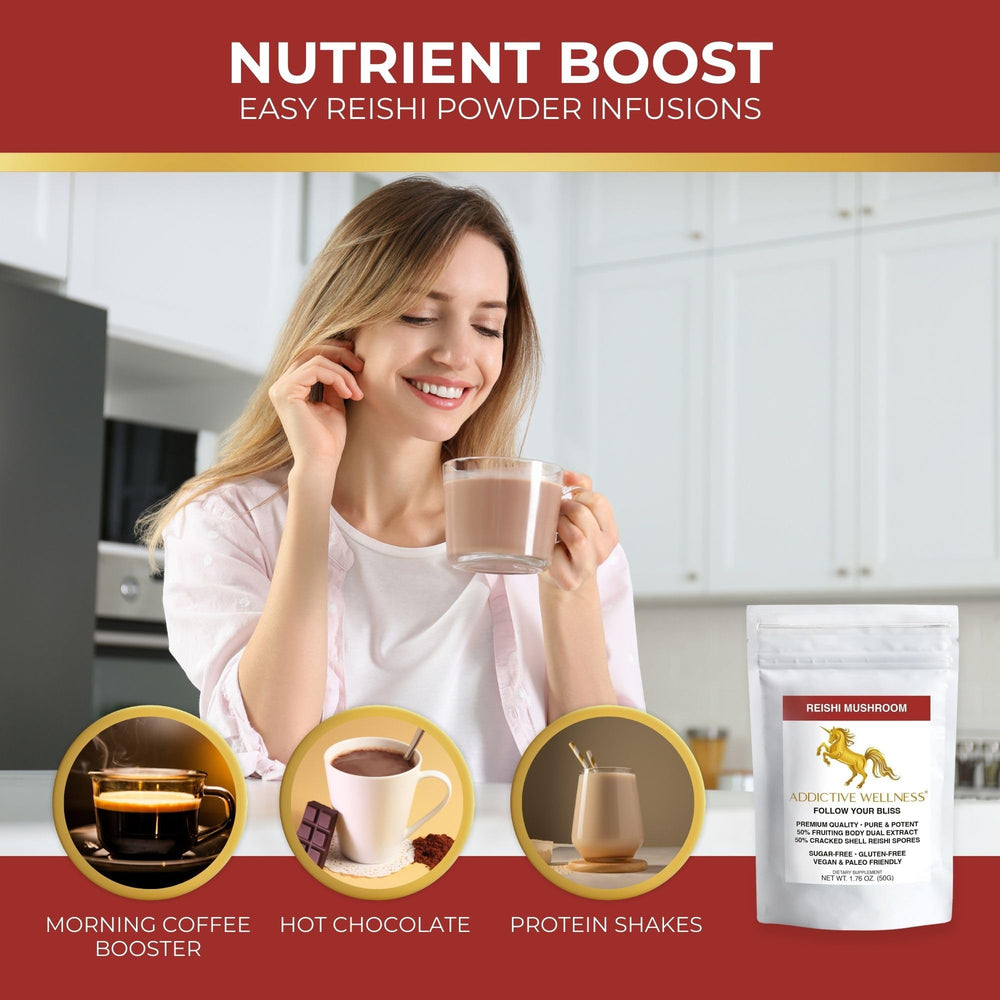 Addictive Wellness Reishi powder dissolving easily in beverages