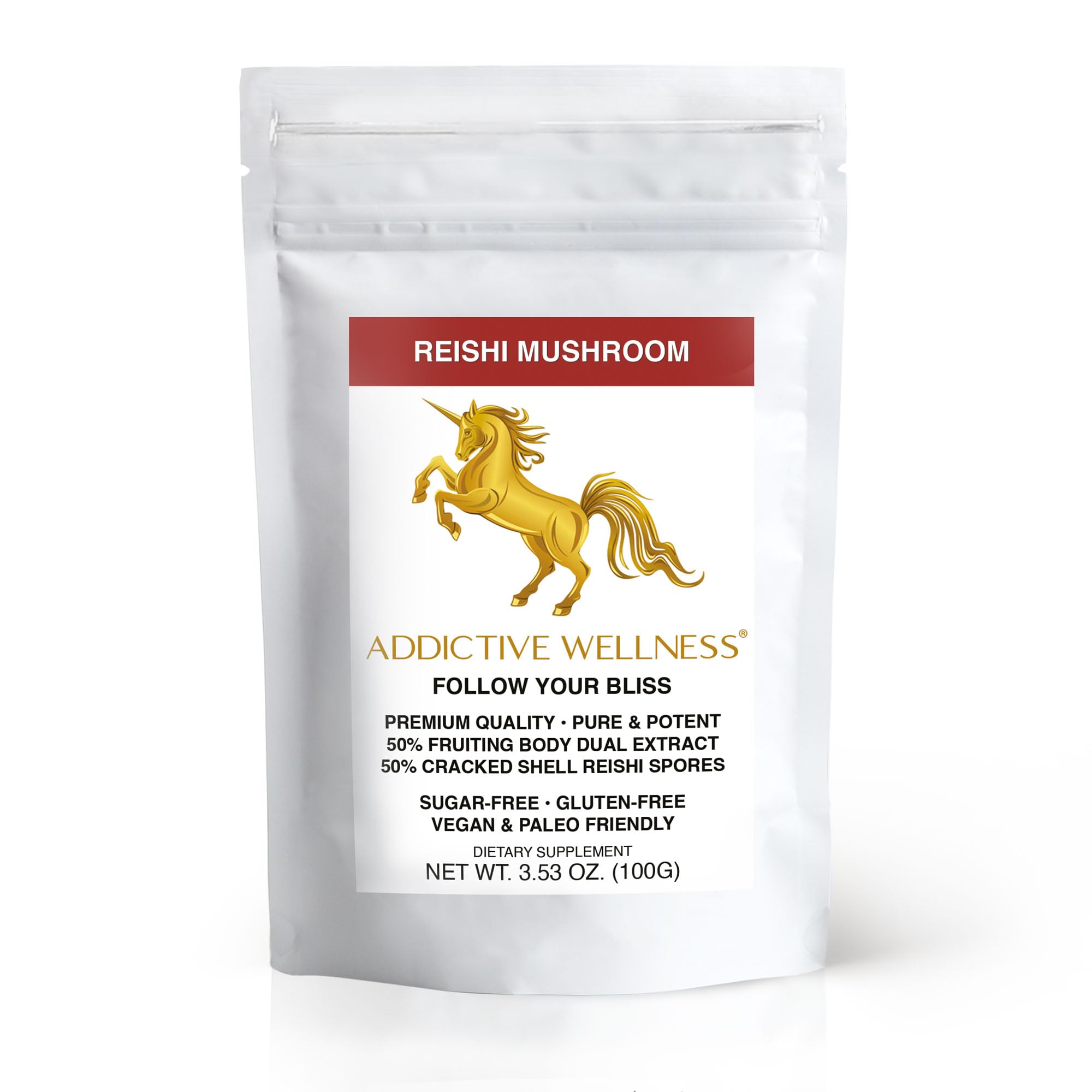 Addictive Wellness Reishi powder jar label signaling premium quality for easy blending
