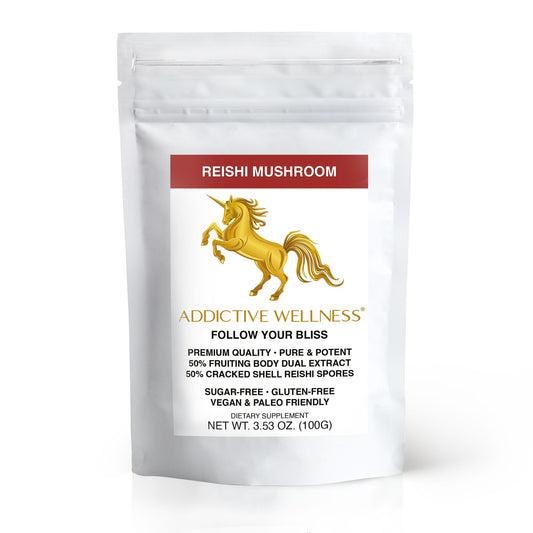 Addictive Wellness Reishi powder jar label signaling premium quality for easy blending