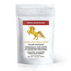 Addictive Wellness Reishi powder jar label signaling premium quality for easy blending