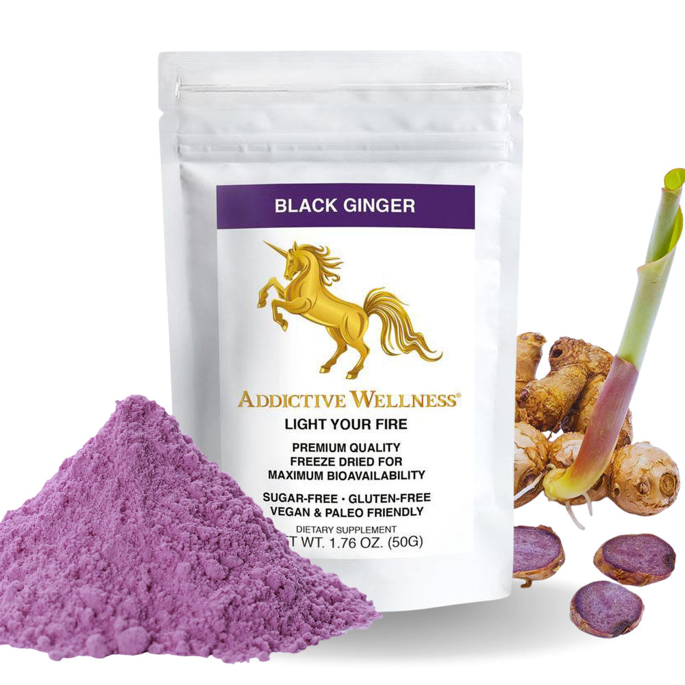 Addictive Wellness Thai Black Ginger bottle close-up highlighting potent daily energy support.