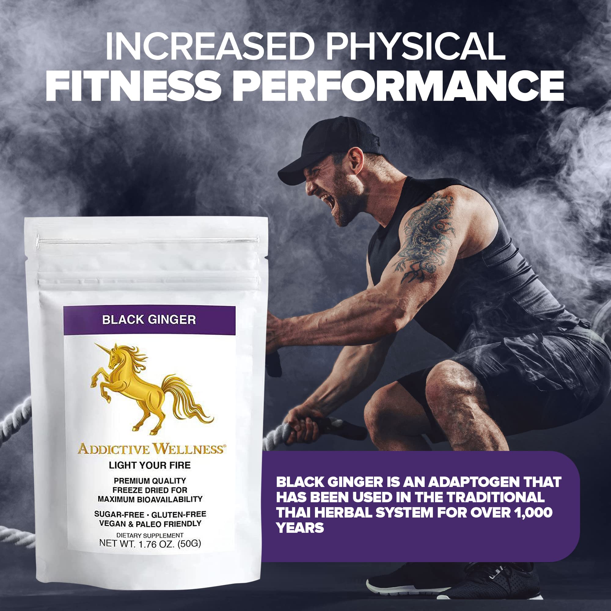 Addictive Wellness Thai Black Ginger ingredients label, confirming no fillers or additives.
