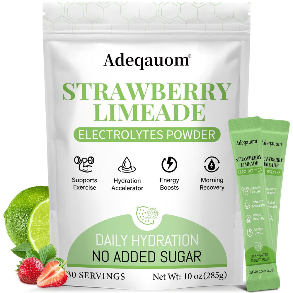 Adeqauom Strawberry Limeade packet front view for on-the-go hydration.