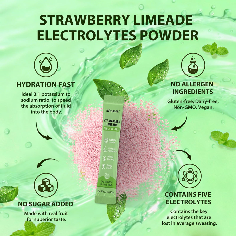 Adeqauom travel-ready strawberry limeade packets for everyday hydration.