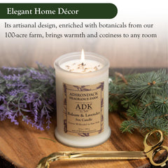 ADK Balsam & Lavender candle in living room setting adds tranquil decor