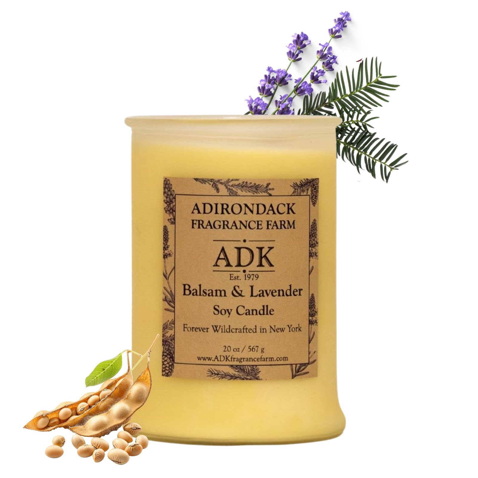 ADK Balsam & Lavender candle front view adds cozy woodsy aroma