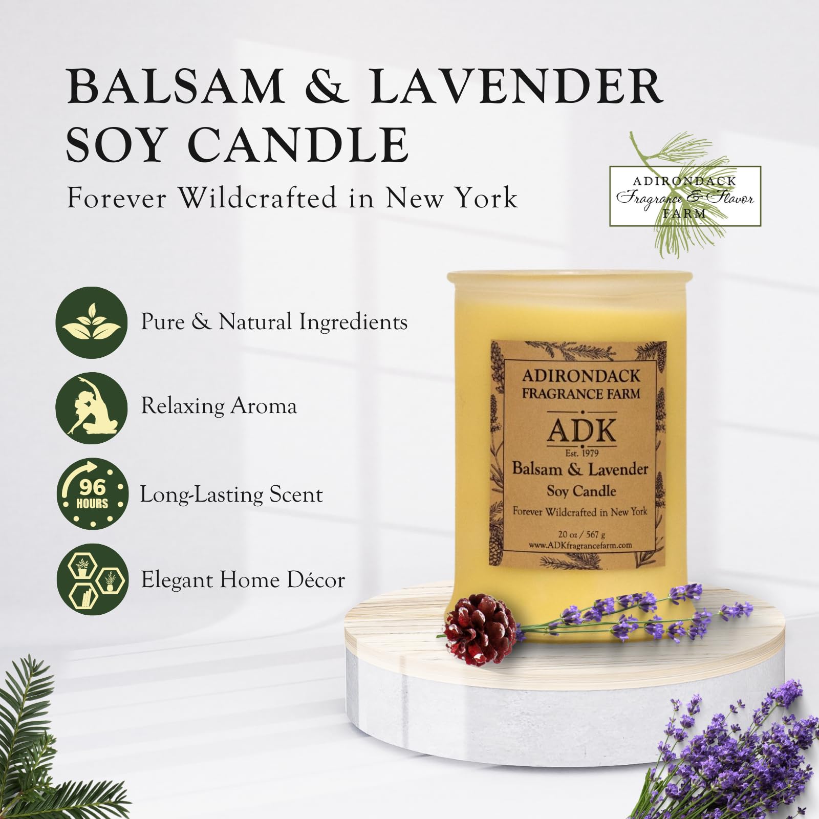 ADK Balsam & Lavender candle packaging closeup showcases premium soy wax