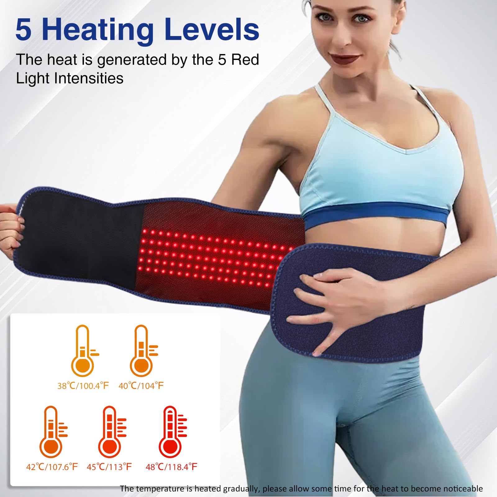 ADIUPUL red-light beads on blue belt delivering deep warmth