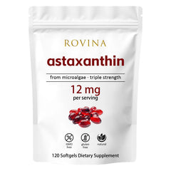 Adjustable Rovina Astaxanthin bottle with 120 softgels for daily antioxidant support.