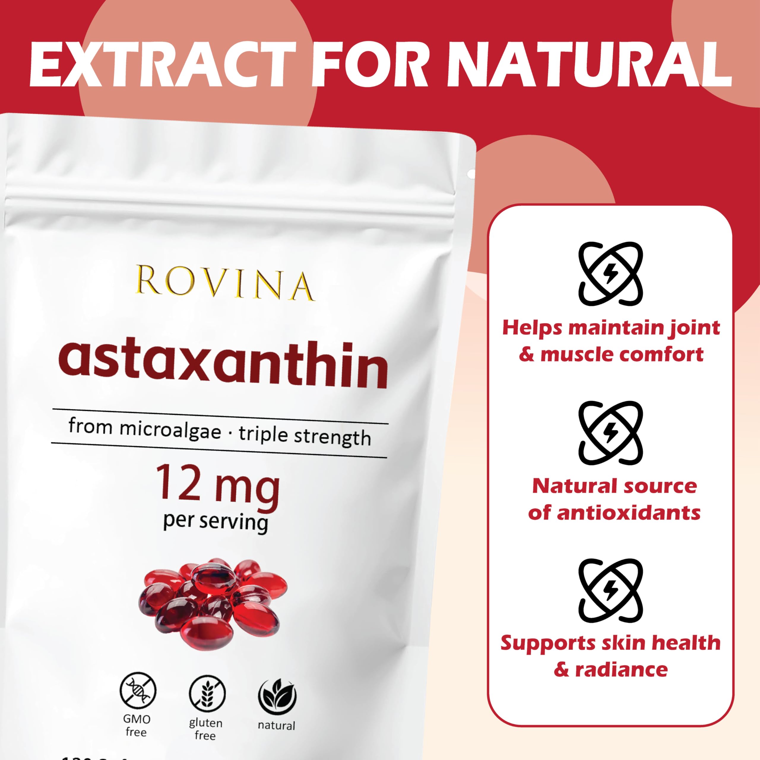 Gluten-free badge shown with Adjustable Rovina Astaxanthin bottle.