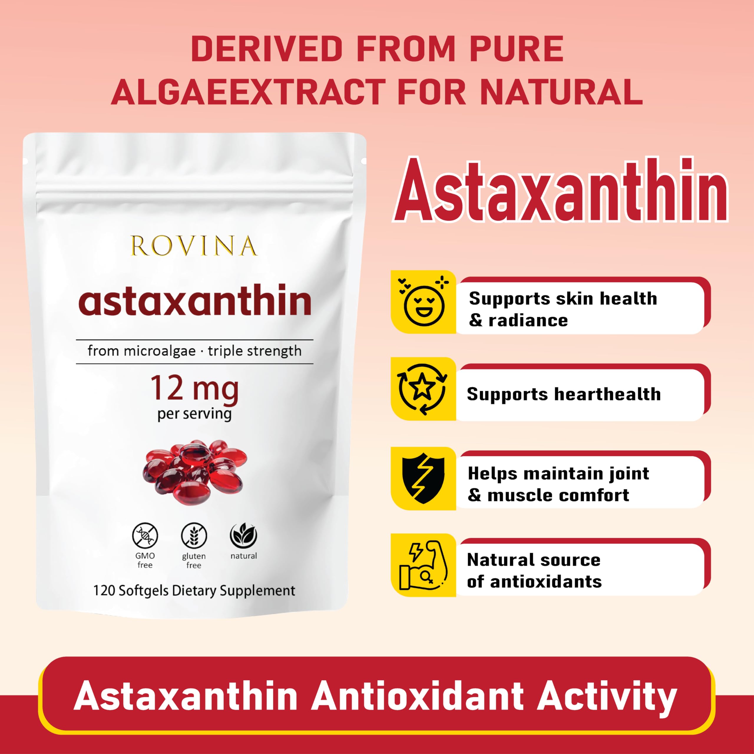 Close-up of Rovina Astaxanthin softgels highlighting premium natural source for daily vitality.