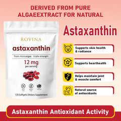Close-up of Rovina Astaxanthin softgels highlighting premium natural source for daily vitality.