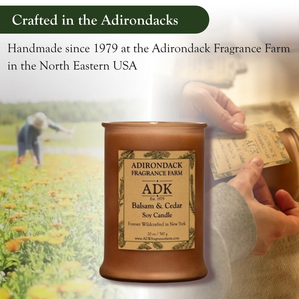 ADK Balsam & Cedar candle handmade in the USA for quality.