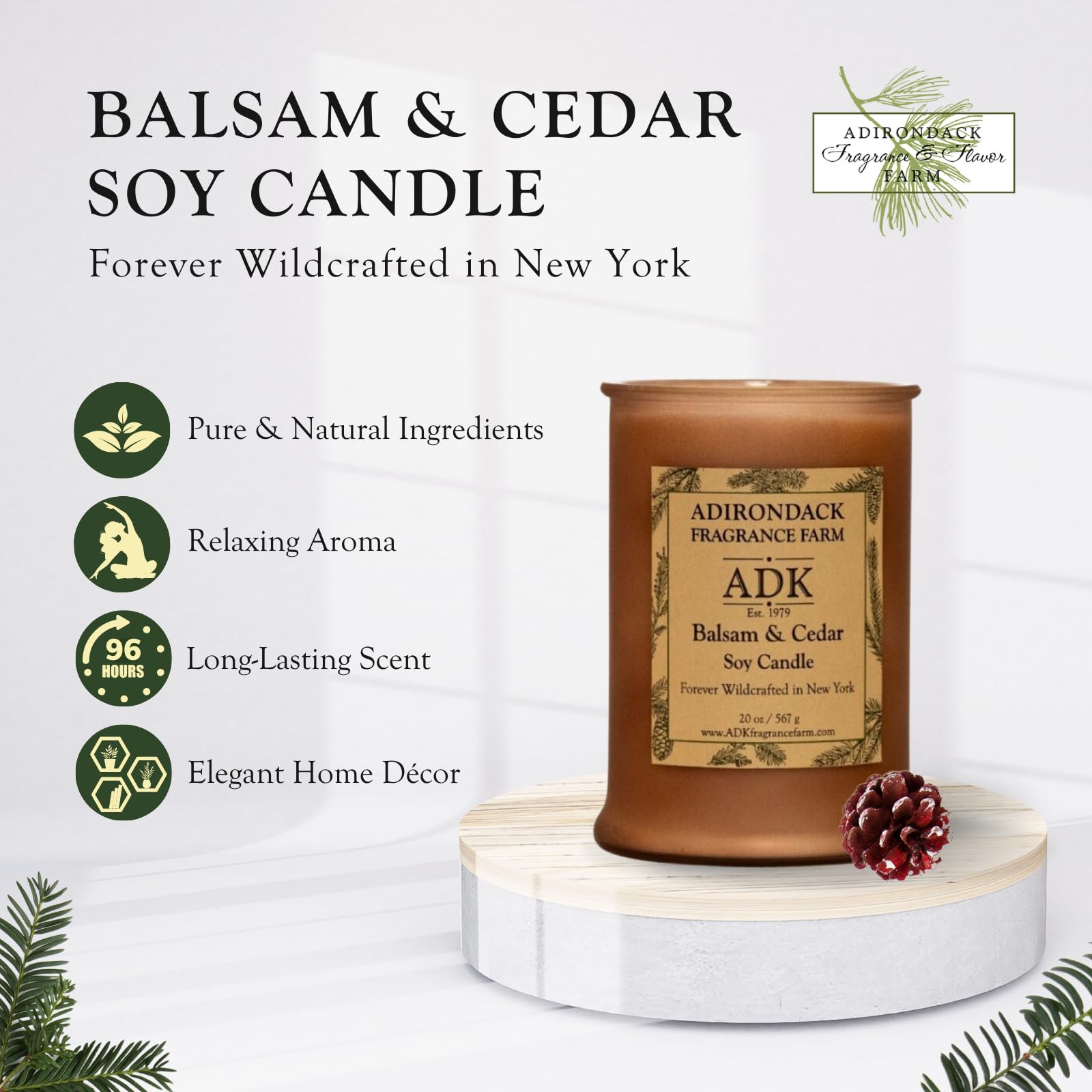 ADK balsam-cedar-scent-wax candle offers long-lasting fragrance for living spaces.