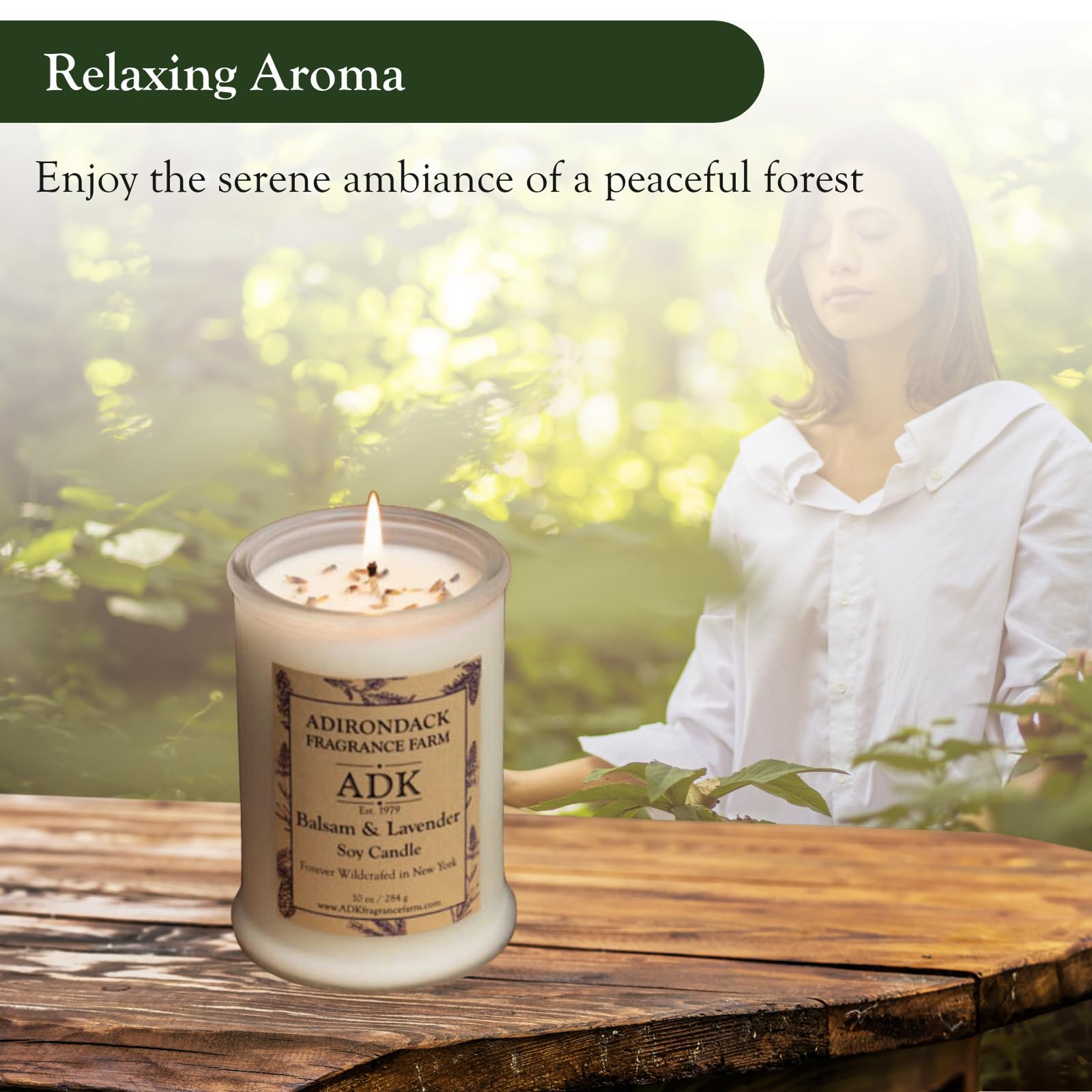 ADK Balsam & Lavender Candle label close-up highlighting lavender notes and design.