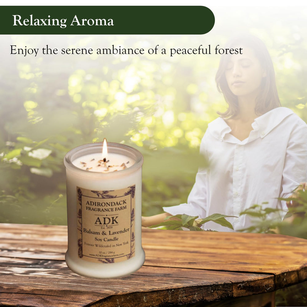 ADK Balsam & Lavender Candle label close-up highlighting lavender notes and design.