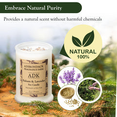 ADK Balsam & Lavender Candle placed on a living room shelf, enhancing décor with warm glow.