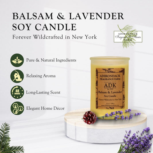 ADK Balsam & Lavender Candle with lit wick, showcasing clean burn and eco-friendly soy wax.